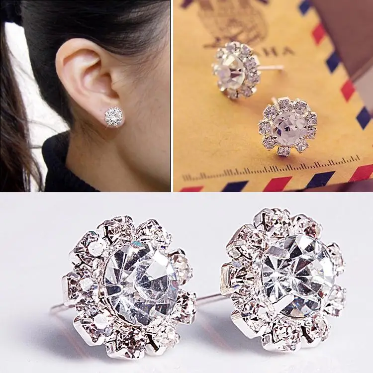 

Free Shipping Summer Style Women's Fine Jewelry Silver Plated Shine Rhinestone Crystal Sun Flower Stud Earrings