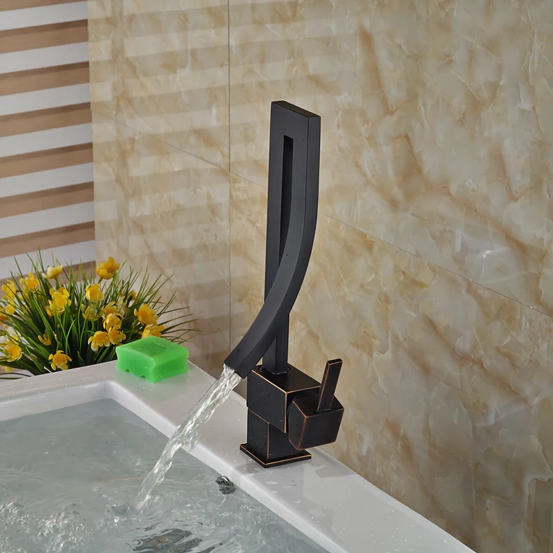 Oil Rubbed Bronze Waterfall Bathroom Faucet Deck Mounted Basin Tap Single Handle One Hole