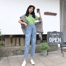 Для женщин свободные, длиной до щиколотки зауженные джинсы женские Высокая Талия джинсовые брюки женские рваные, Стретч джинсы с прорехами AA11238