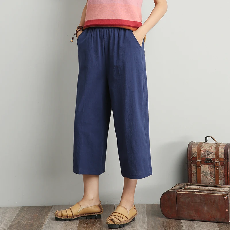 

Hot Sale 2019 Autumn Summer Women Vintage Cotton Linen Calf-Length Pant Chinese Stlye Solid Elastic Waist Loose Wide Leg Pants