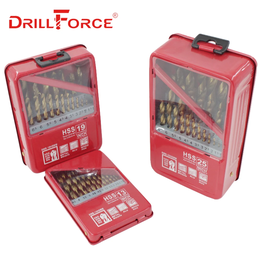 

DRILLFORCE 13/19/25PCS HSS Titanium Coated Drill Bit For Metal Woodworking Drilling Bits Set 1.0~13mm Power Tools Accessories