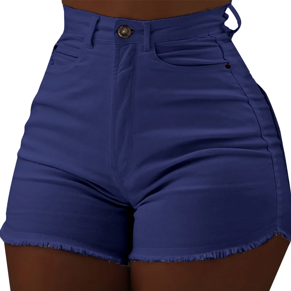 Высокая Талия Джинсовые шорты для Для женщин облегающий однотонный карман короткие Feminino летние короткие джинсы с кисточкой