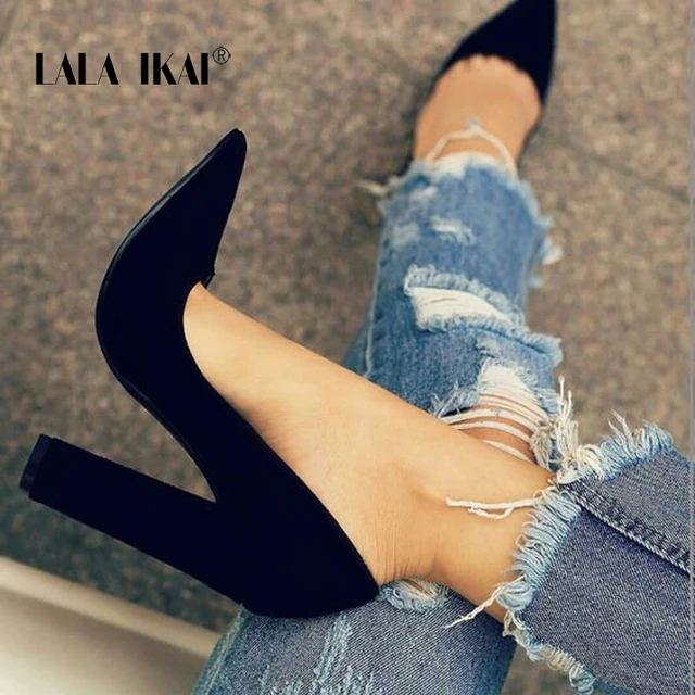 LALA IKAI Women Faux Sandals Suede Solid Colors Pump Basic Sandals Slip On High Heels Shallow Femme Fashion Shoes 014C1237 -4