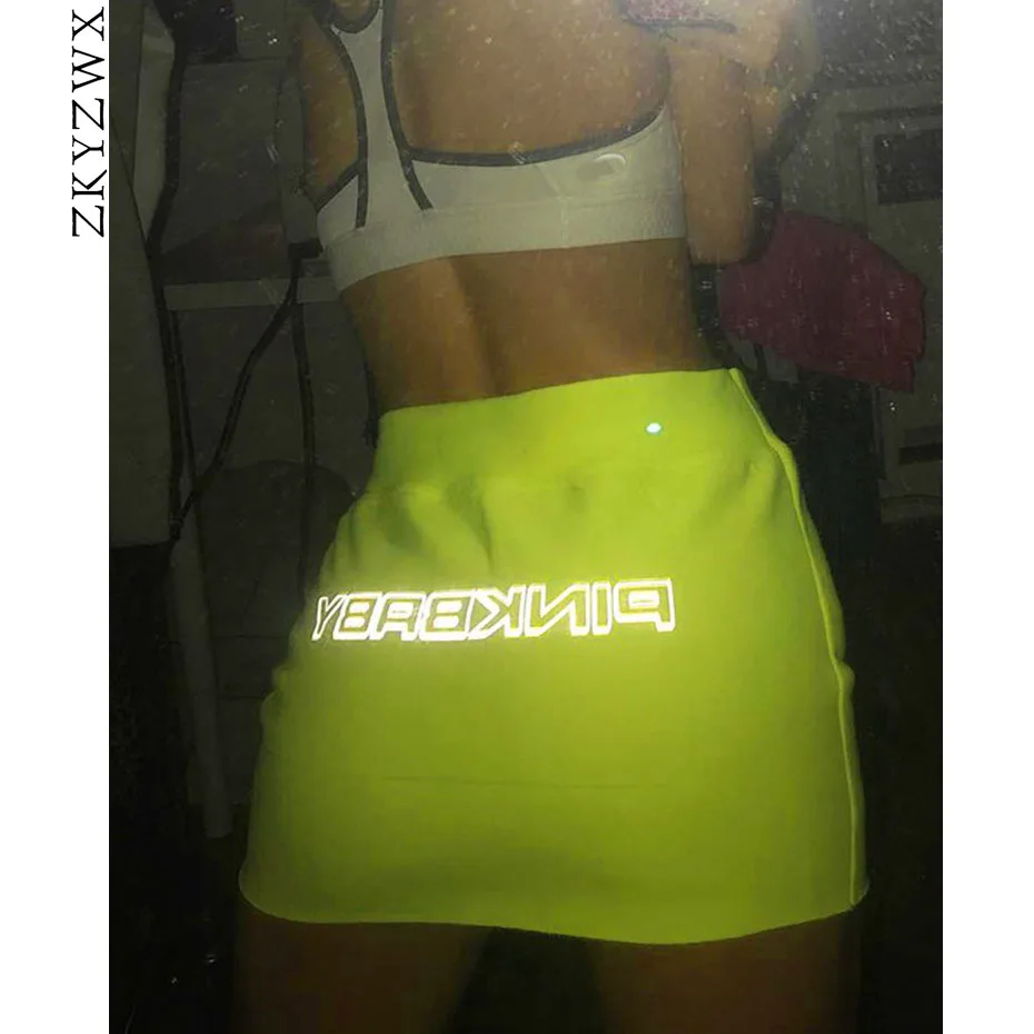 

ZKYZWX Sexy Reflective Letter Neon Mini Skirt Streetwear Summer Cute Rave festival Bottoms skort High Waist Pencil Skirts Women
