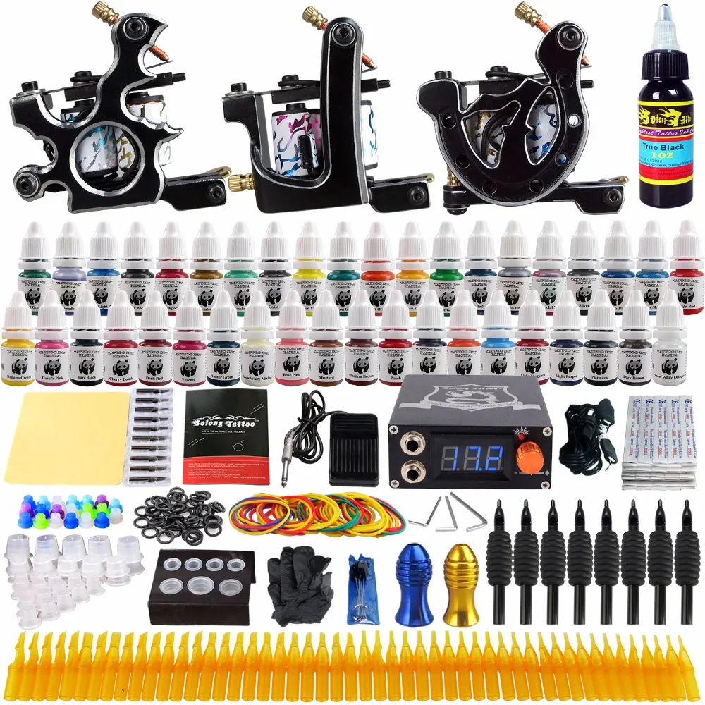 

Solong Tattoo Complete Professional 3 Tattoo Machine Guns Set Tattoo Kit 40 Inks Power Supply Needle Grips Power Supply TK356