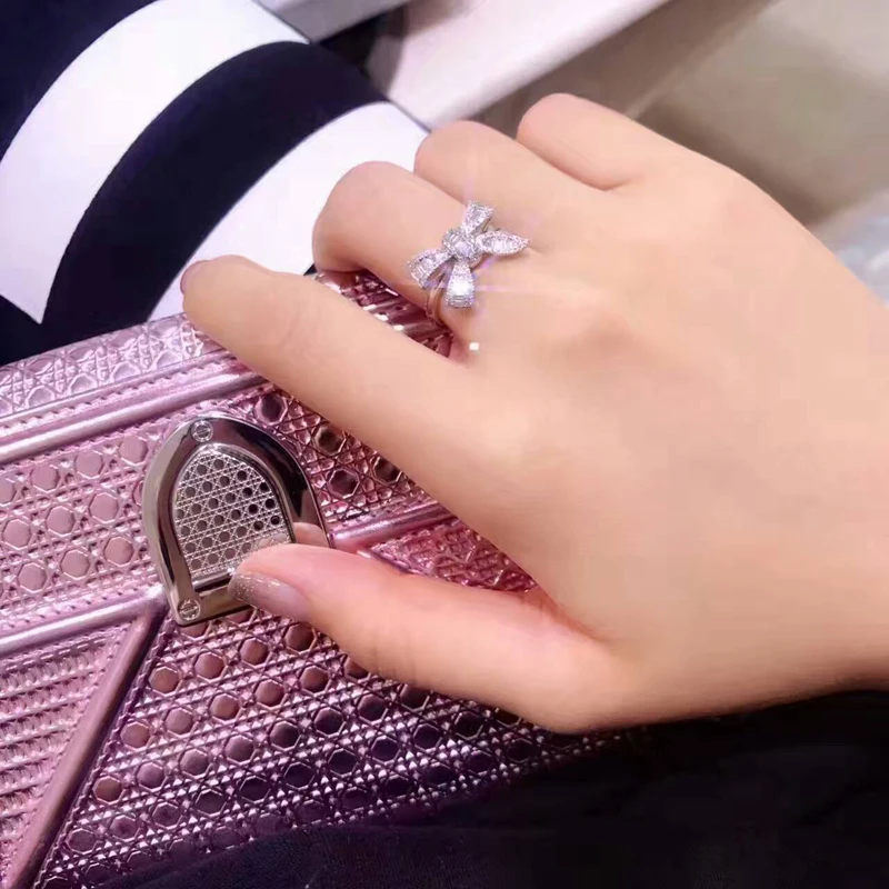LASAMERO кольцо для женщин 0.362CTW 18 К белого золота Круглый& багет Cut природных алмазов бантом форма Halo обручальные кольцо