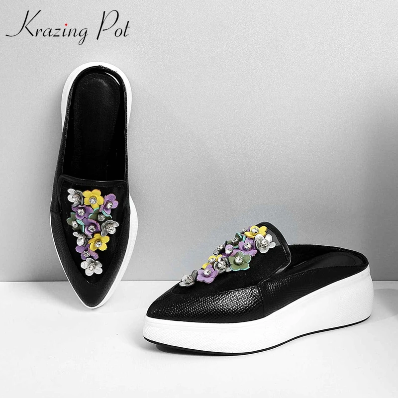 

Krazing pot genuine leather air mesh pointed toe slip on casual high heel platform three-dimensional flower vulcanized shoes L16