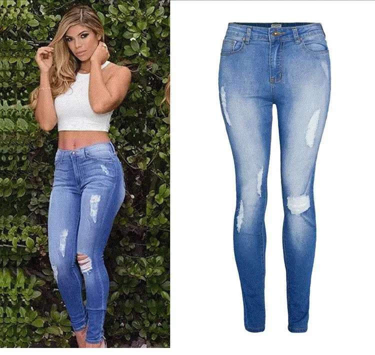 Новые модные джинсы с высокой талией, обтягивающие женские рваные Женские джинсы-стрейч джинсы стираного синего цвета, большие размеры