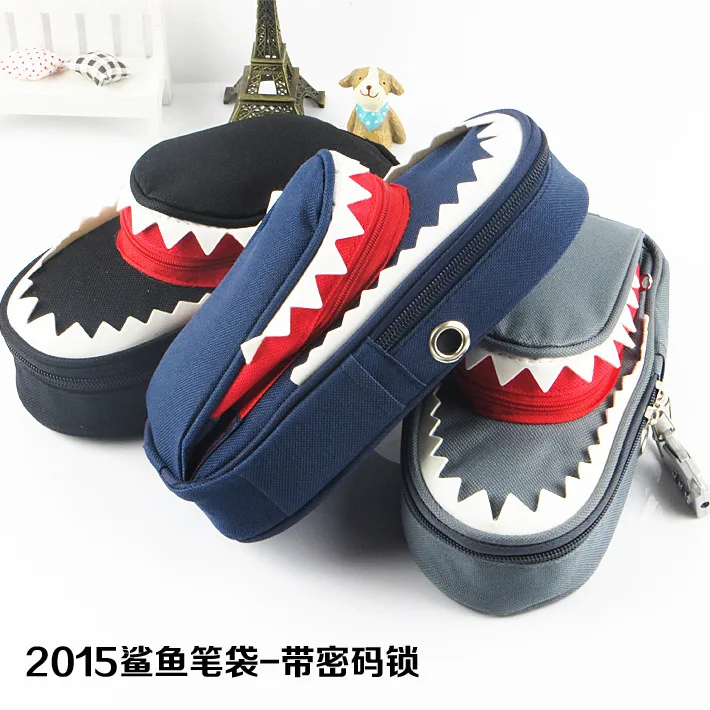 

Boys Personality Stationery Creative Shark Large Capacity Canvas School Pencil Case Pencil Bag Pen Case with Code Lock