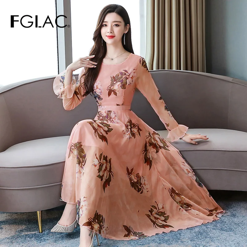 

FGLAC Women dress Fashion casual long sleeve print floral print chiffon Long Dress plus size autumn winter dresses