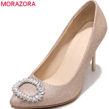 

MORAZORA 2020 new women pumps sweet shining elegant wedding shoes comfortable shallow pointed toe silvery red high heels shoes