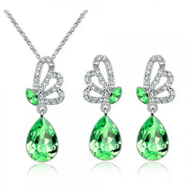 

OMH wholesale fashion 18 KT gold white Crystal butterfly Drops water Women girls gift Necklace Earrings Jewelry sets TZ119