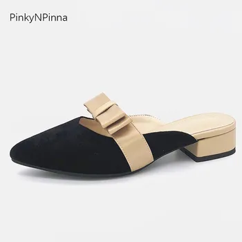 

ladies slides fashion mules genuine leather sheepskin butterfly knot slip on chunky low heels women cute shoes for summer party