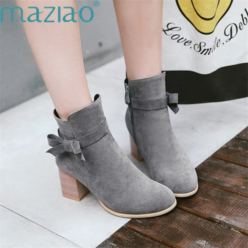 

Spring Autumn High Heels Women Ankle Boots Round Toe Short Boots Butterfly-knot Side Zipper Fashion Boots MAZIAO