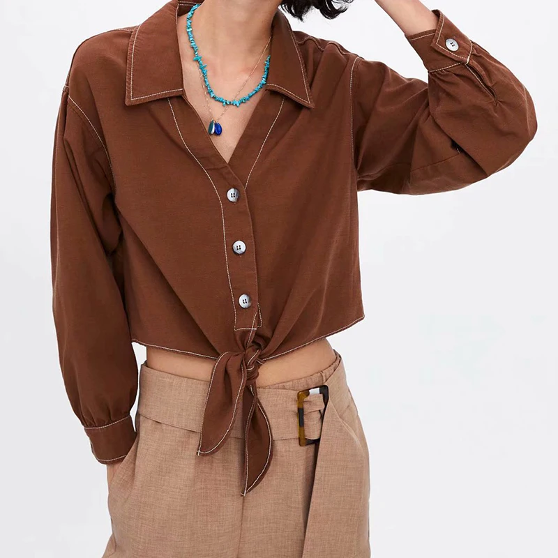  Za Women Brown Short Blouse 2019 Female Spring Single Breasted Long Sleeve Shirts Women-s Lace Up L