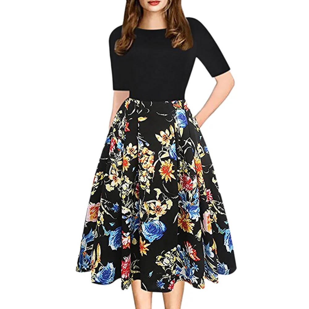 

Womail Fashion Womens Vintage Patchwork Pockets Puffy Swing Print Casual Party Dresses Mujeres Vestido wholesale 47.JUly.5