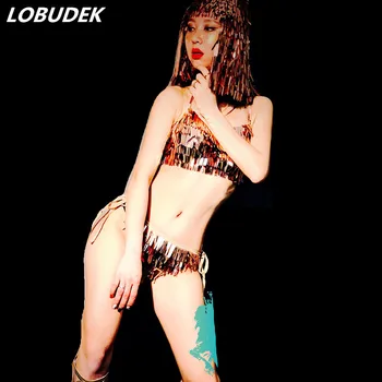 

Sexy Bikini Female Costume Bar DJ Singer Pole Dancing Party Model Catwalk Gold sparkly sequins Bra sets performance stage outfit
