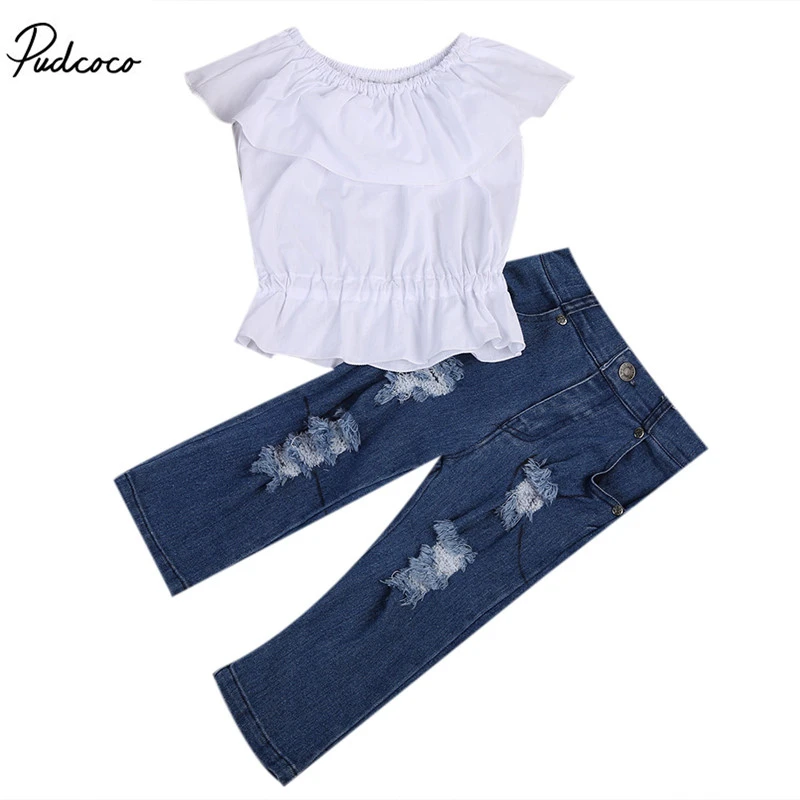 2 Adet Bebek K z ocuk Giyim Seti Beyaz K rpma stleri Ruffles Tank Top 
