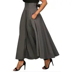 Женская высокая талия длинные юбки с карманом Женская мода юбки элегантные плиссированные макси юбки