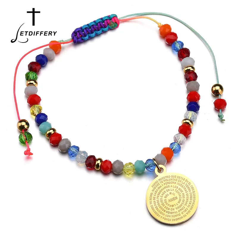 

Letdiffery Charm Jewelry Catholicism Religious Bible Medal Bangles Colorful Beads Chain Bracelet For Women And Men