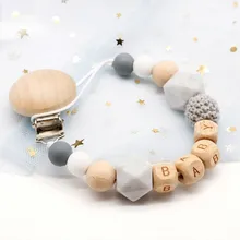 Personalized Name Handmade Silicone Baby Wooden Dummy Pacifier clip Safe Teething Chain Teether Pacifier  chains Holder Chain
