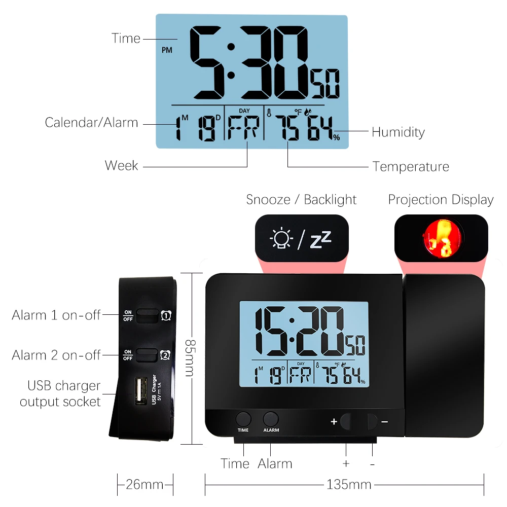 PT3531 будильник, цифровые часы с защитой с Двойные сигналы, крытый термометр, USB телефон зарядное устройство для спальни