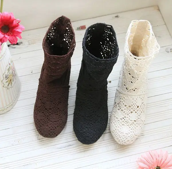 

XingDeng Ladies Party Air Mesh Breathable Boots Shoes Big Size 34-43 Summer Lace Knitting Hollow Women Square Heels Ankle Boots