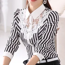 Womens Tops And Blouses Long Sleeve Lace Striped Shirt Camisas Mujer 2020 Casual Office OL Work Blusa Feminina Plus Size