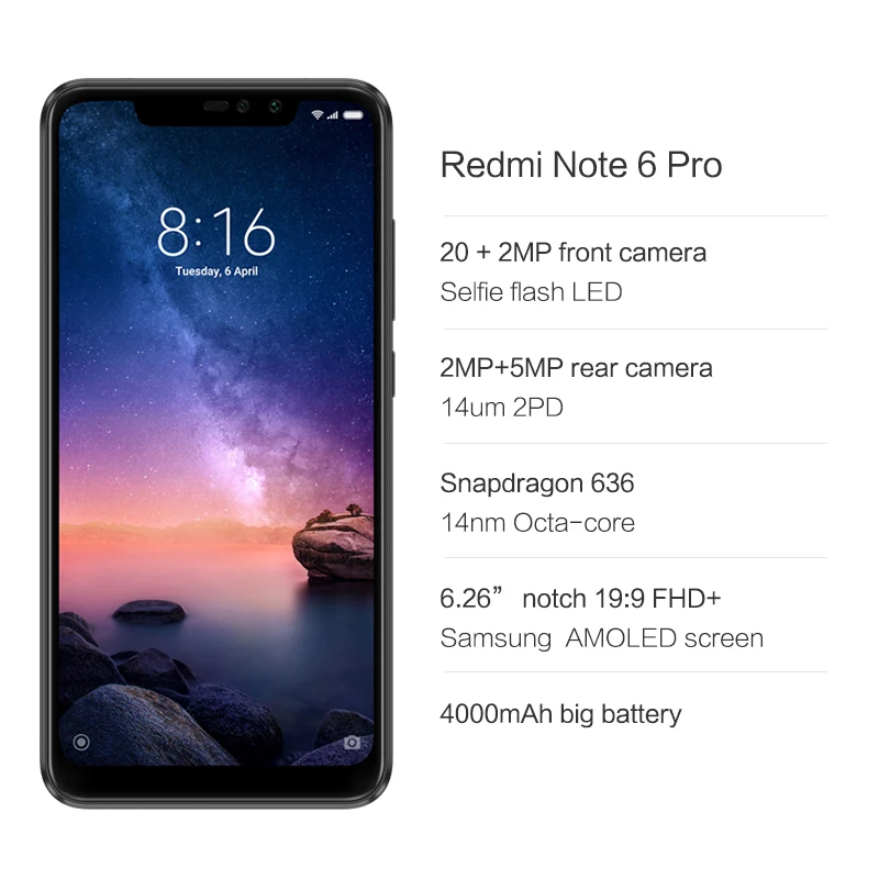 Xiaomi Redmi Note 6 Pro, 4 ГБ, 64 ГБ, Восьмиядерный процессор Snapdragon 636, полноэкранный мобильный телефон 6,26 дюйма, двойная камера AI, металлический корпус, CE