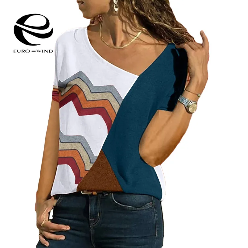 

Plus Size 5XL 2019 Summer Ladies Tops Women T-shirts Loose Patchwork Female T-shirts Short Sleeve Skew Neck Shirts Top Blusas