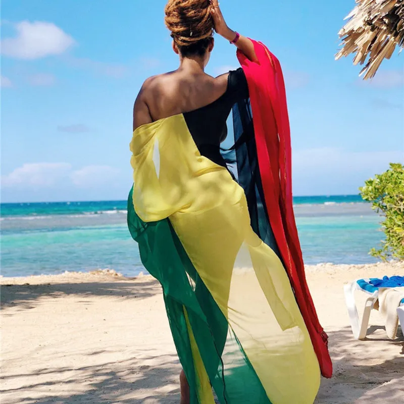 

Bath Dresses For The Beach Kaftan Summer 2019 Swim Wear Cover Up Four Piece Color Print Chiffon Sexy Smock Patchwork Acetate