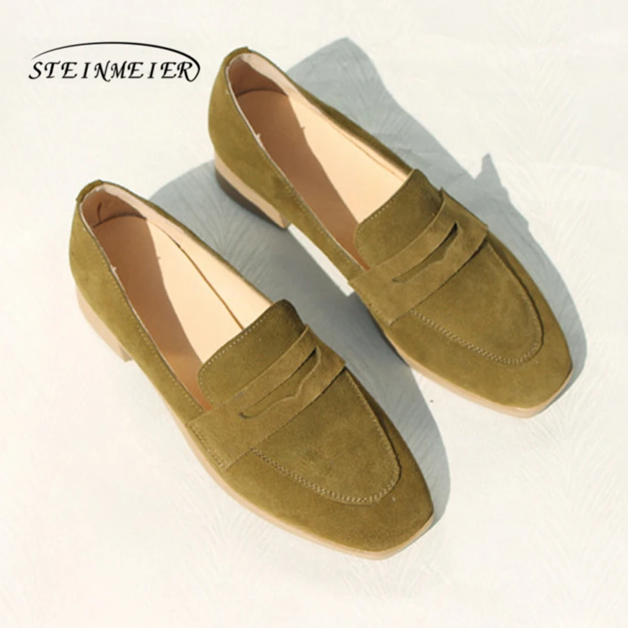 

Women genuine leather suede brogue oxford shoes woman grey white mules simple handmade vintage retro casual flat shoes for women
