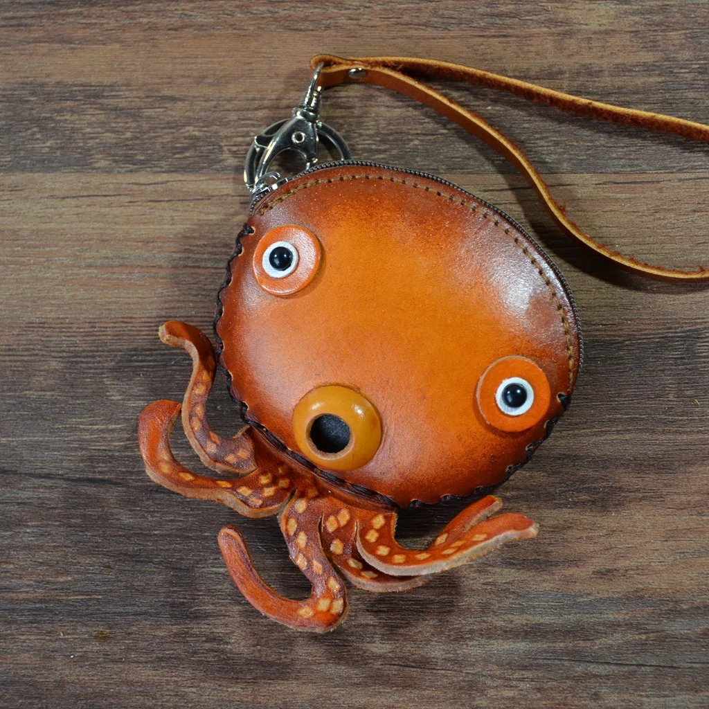 

Handmade genuine leather coin purse cartoon coin bag genuine leather small wallet Octopus key bag Pendant
