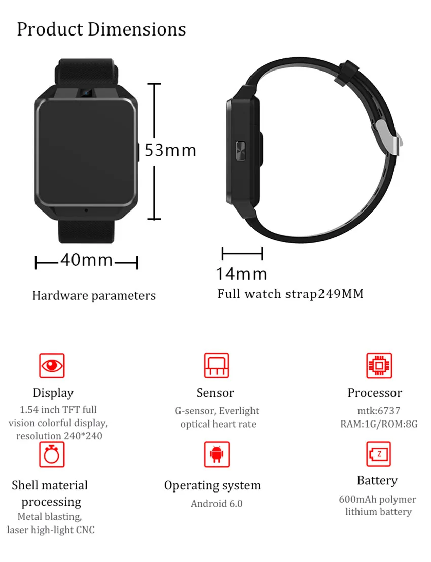  MTK6737 Quad Core 1G RAM 8G ROM GPS WiFi Heart Rate Tracker Smartwatch High Quality Microwear H5 4G