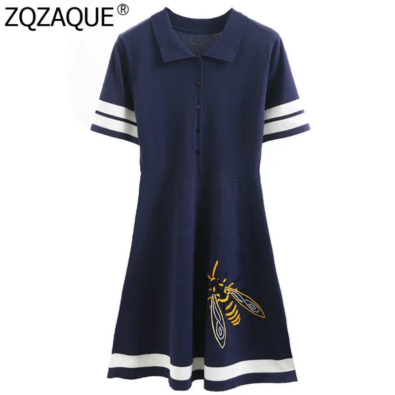 

Preppy Style Girls Nice Knit Dress Turn-down Collar Short Sleeve Embroidery Bee Pattern A-line Dresses for Women Young Fashion