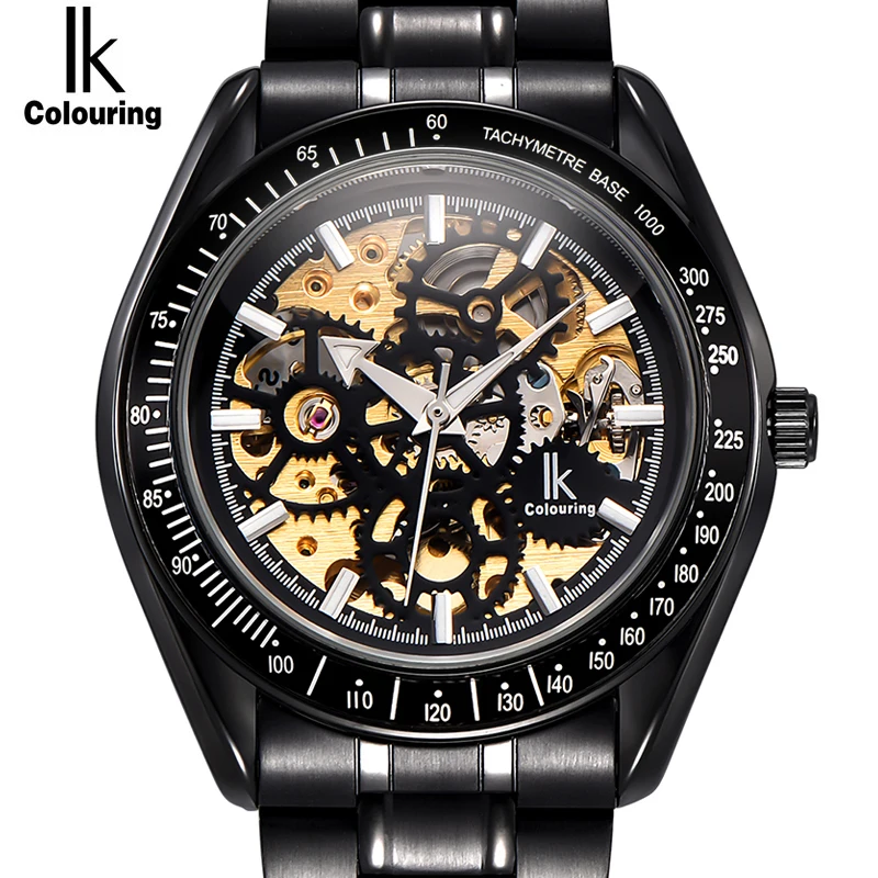 IK Colouring Luxury Brand Men Watches Automatic Mechanical Skeleton Steampunk Stainless Steel Band Male Clock relogios feminino | Наручные