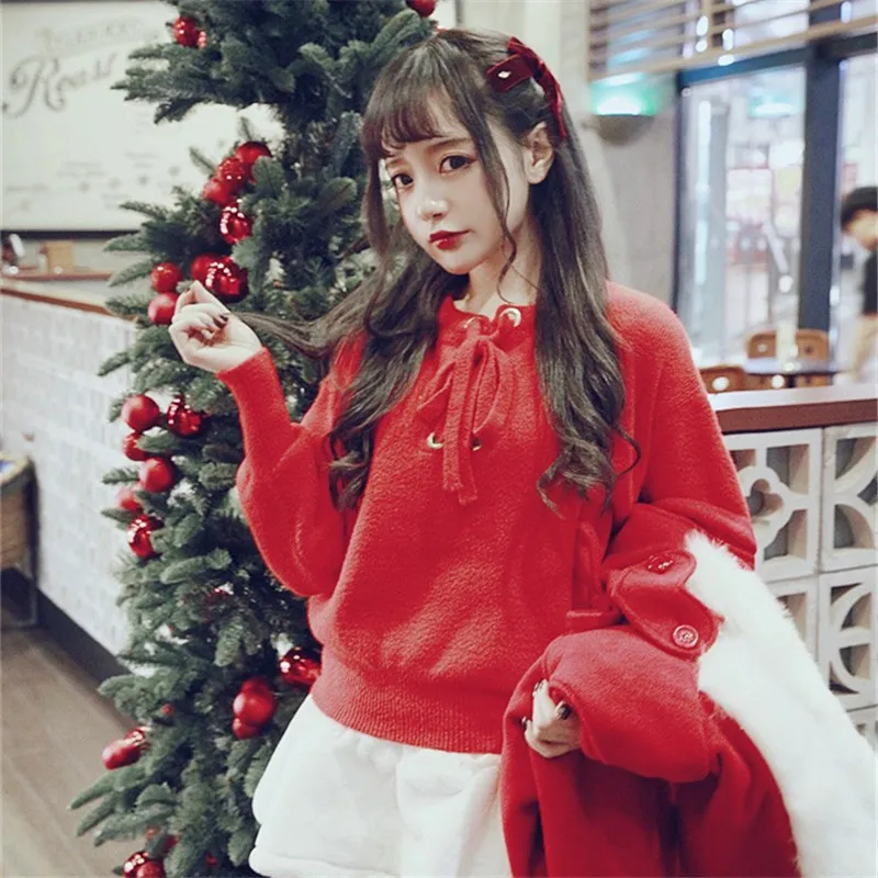 

KEQI Bobon21 Princess sweet lolita student sweater Bow tie Christmas New Year red All-match sweater T1430