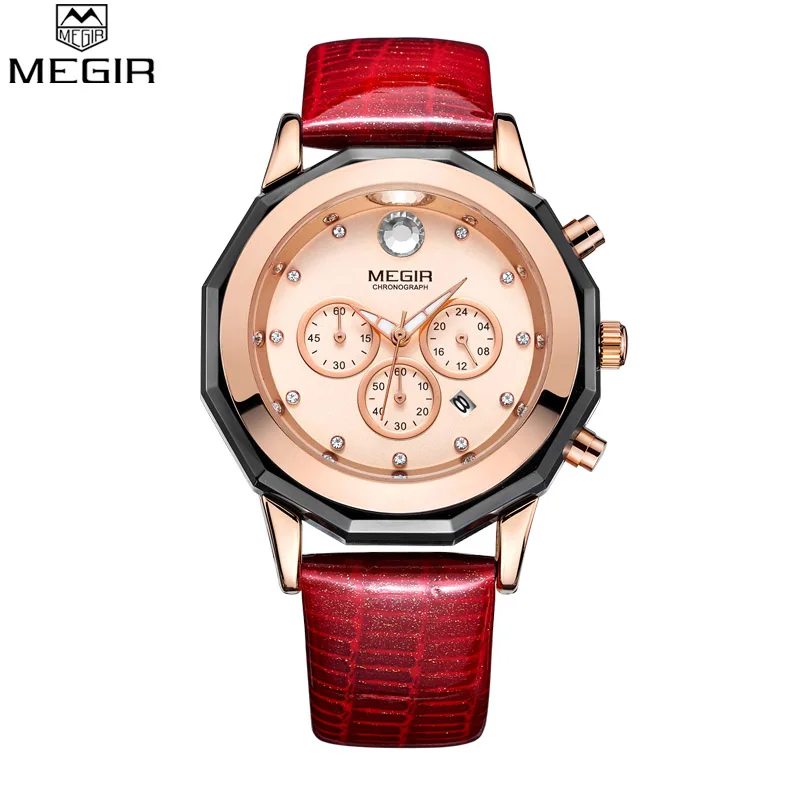 Модные часы Megir, красный, белый цвет, натуральная кожа, ремешок для женщин, браслет, часы, кварцевые наручные часы, водонепроницаемые, Relogio Feminino - Цвет: red