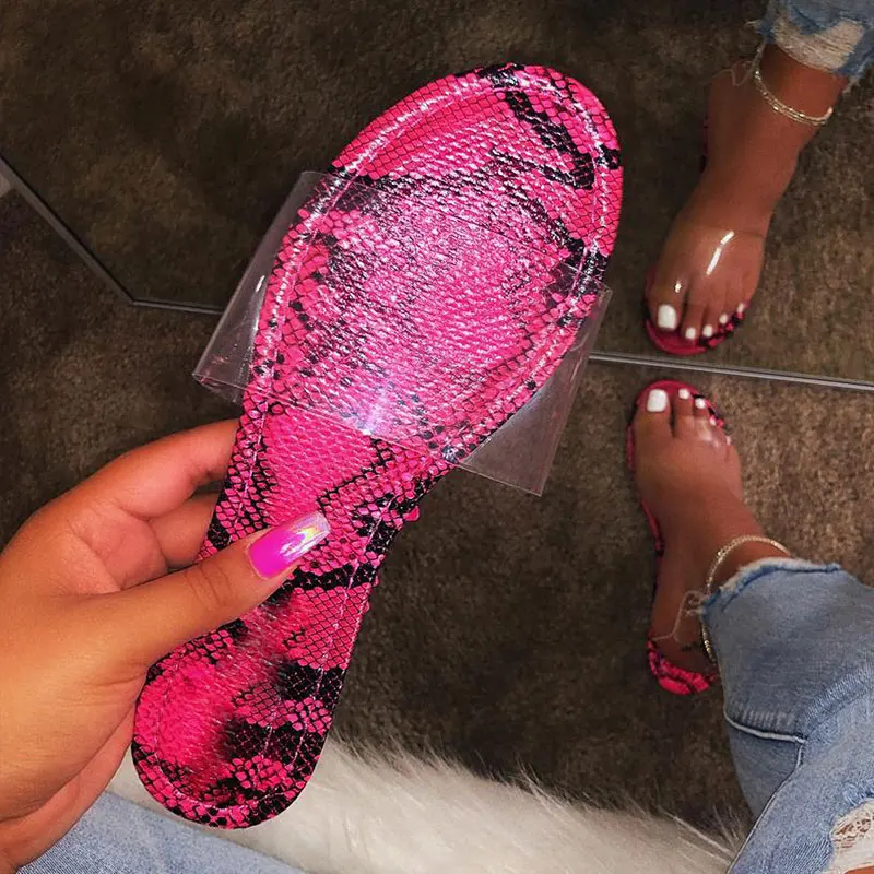 

Summer Women Transparent Flat Slippers Mixed Snake Skin Candy Color Soft Jelly Shoes Female Casual Outside Beach Ladies Slides