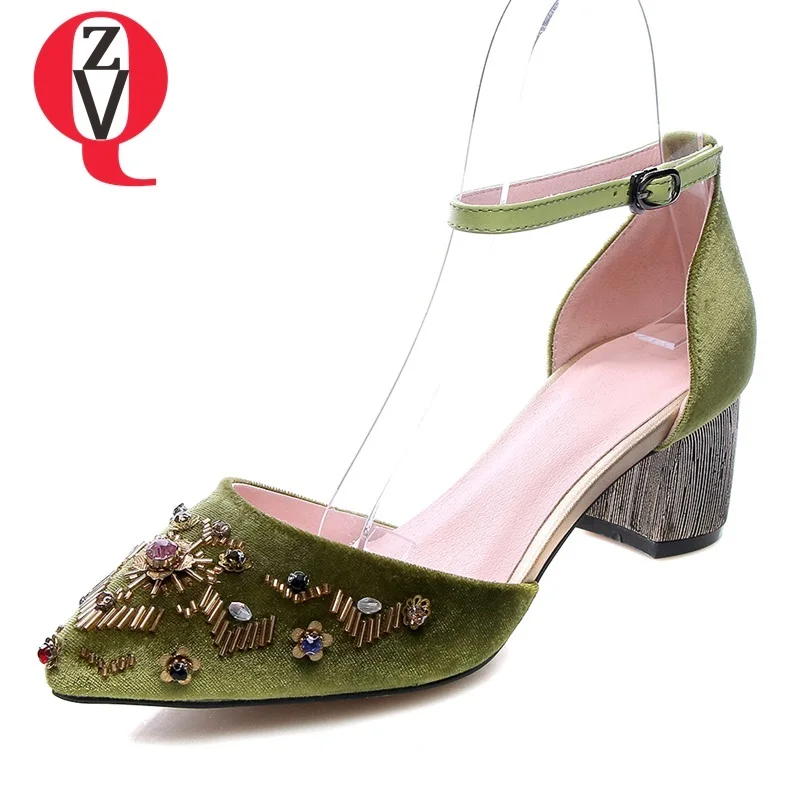 

ZVQ shoes woman spring newest fashion sexy pointed toe flock party women pumps string bead outside 5 cm hoof heels ladies shoes
