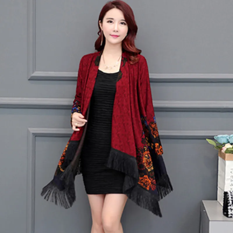 UHYTGF Autumn trench coat Womens fashion folk-custom printing Cardigan shawl thin outerwear Long sleeve loose plus size coats 83 - Цвет: Red tassel