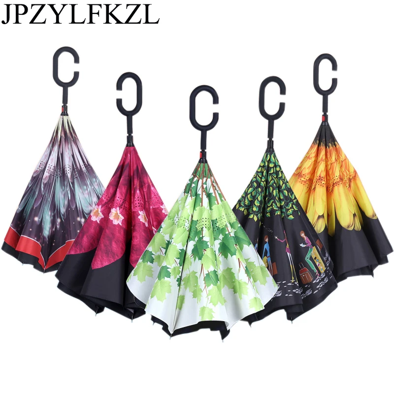 

JPZYLFKZL Free style Creative Long Shank Double Layer Inverted Umbrella Windproof Reverse C-Hook male golf umbrella reverse