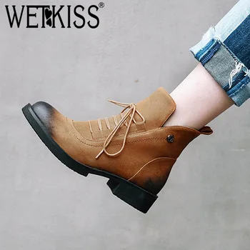 

WETKISS Thick Low Heels Women Motorcycle Boots Round Toe Cross Tied Footwear Winter Girl Ankle Boot Zip Shoes Women 2018 New