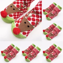 Рождественские хлопковые милые носки до колена с принтом оленя для новорожденных противоскользящие зимние теплые