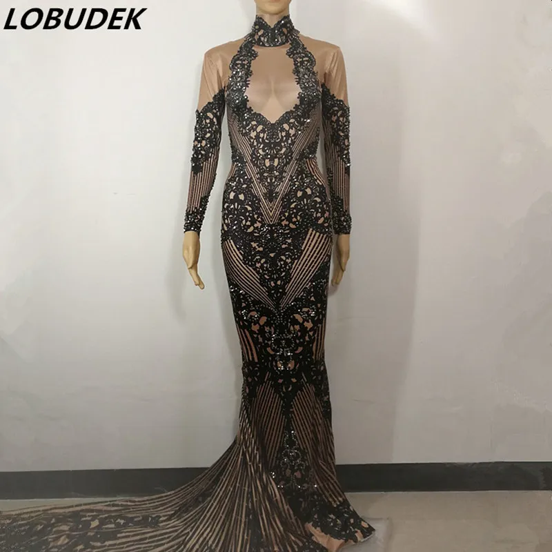 

Formal Prom Female Party Celebration performance one piece dress Sexy long Mermaid Dress Bling Crystals stones slim dresses
