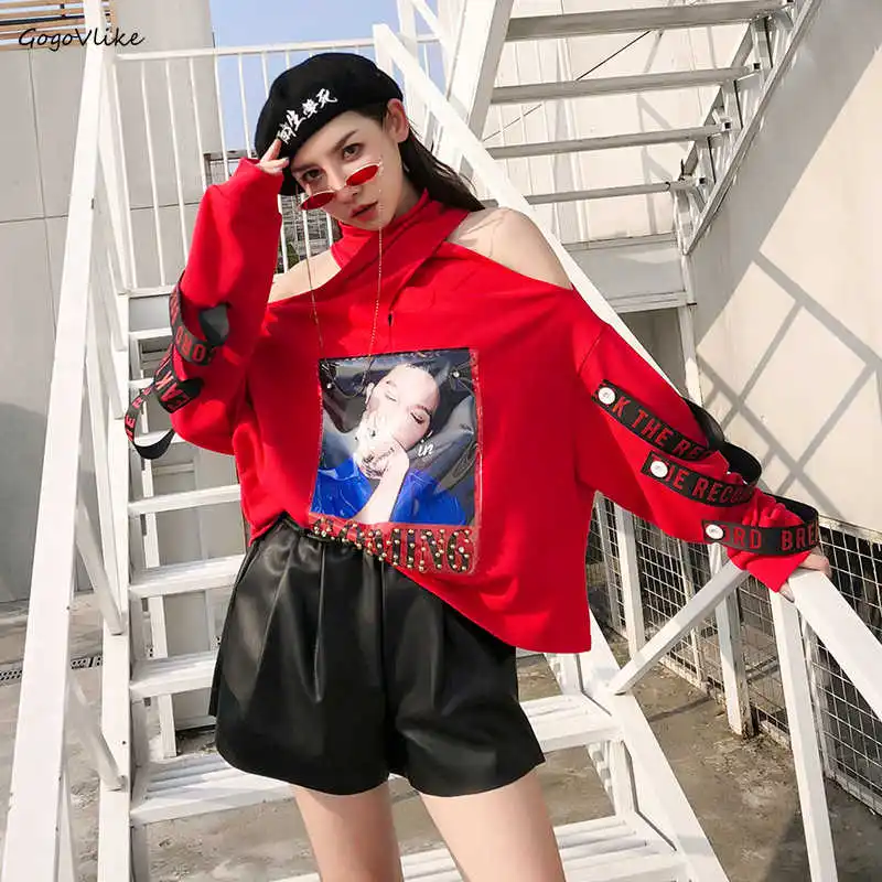 

Red Sweatershirt Off the Shoulder 2018 Women Sexy Neck Halter Tops Cutout Top Harajuku Cotton Straps lace Up hoody LT578S50