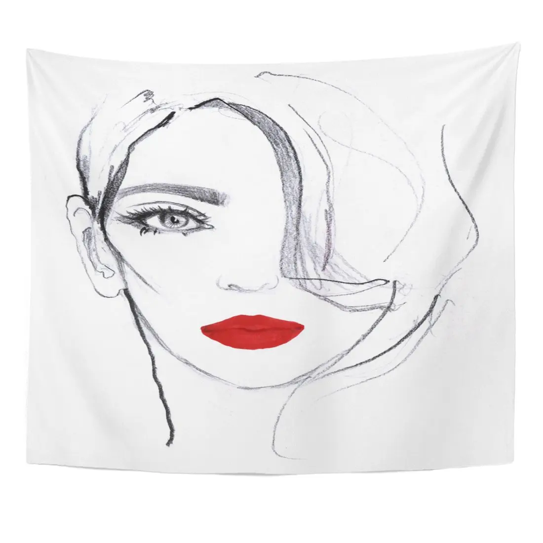 

Girl Portrait of Young Woman Model Face with Red Lips White and Black Pencil Sketch Pink Marker Home Decor Wall Hanging Tapestry