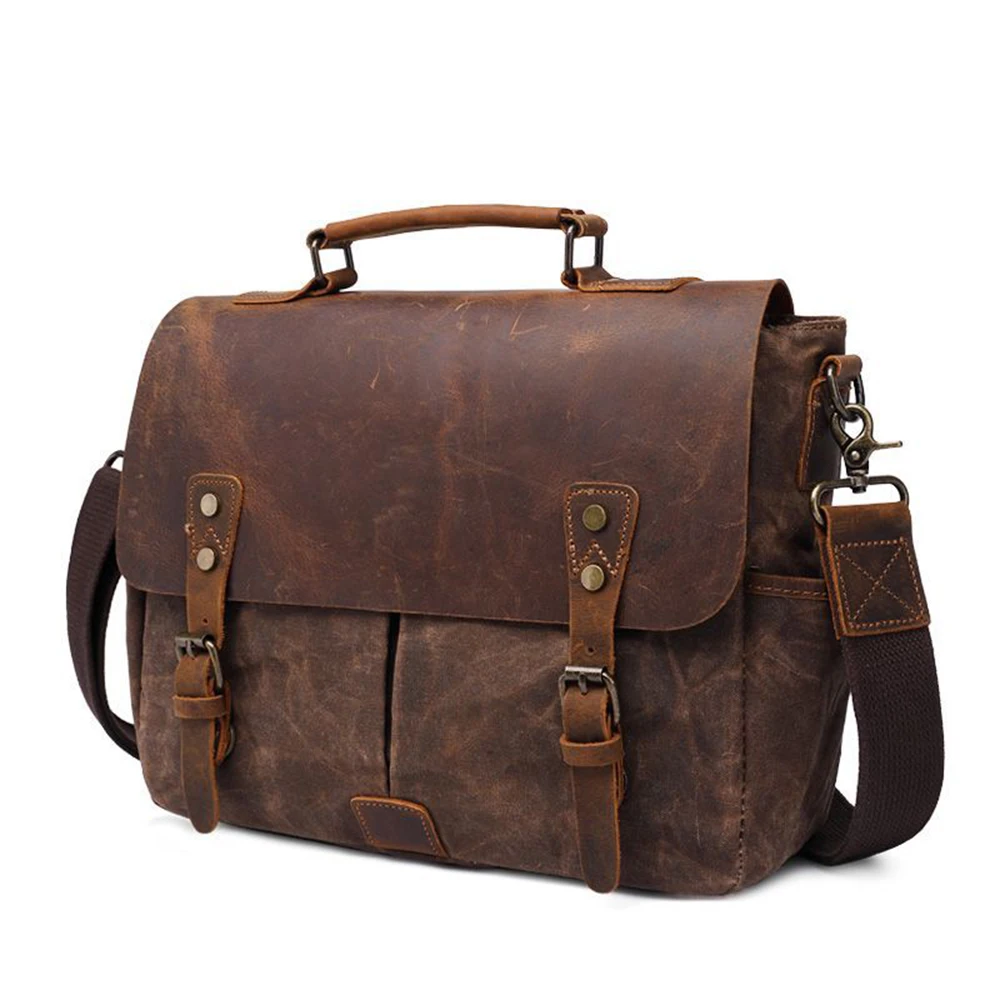 New Mens Vintage Oil Wax Canvas Leather Shoulder Bags Shockproof DSLR Camera Bag Waterproof