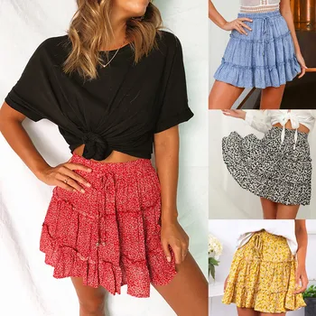 

Casual polka dot ruffle summer pink skirt women A line high waist pleated short skirt Floral print chiffon beach skirt