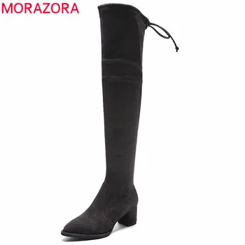

MORAZORA 2020 plus size 33-42 pointed toe women boots zip flock leather thigh high boots autumn fashion square heel long boots